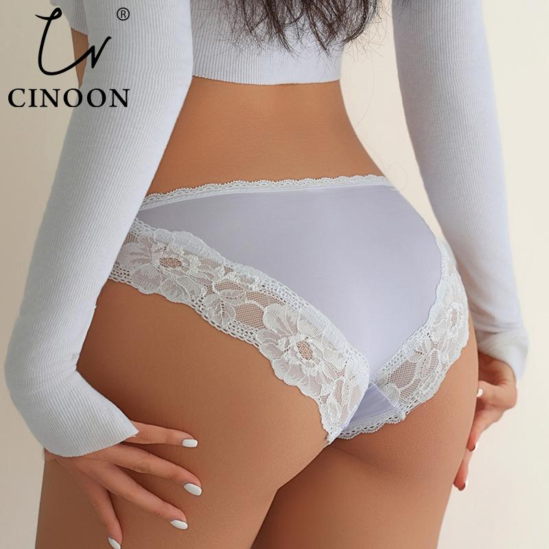 CINOON Women's Sexy Low-Rise Briefs Lace Patchwork Seamless Underwear Ice Silk Quick-Dry Body-Hugging Briefs