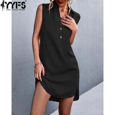 Damenmode Sommer Frühling Einfarbig Druck Ärmellos POLO Hals Mittlere Taille Freizeitkleider