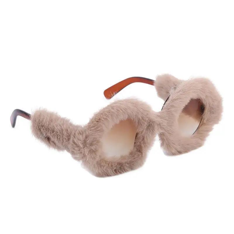 1/7 Kleuren UV400 Pluche Zonnebril Rond Montuur Dames Schattige Pluche Zonnebril UV Bestendig