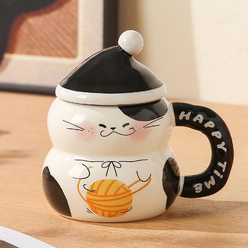 Cat Cup Ceramic High Looking Mug with Lid Breakfast Coffee Cup Creative Water Cup for Girls Birthday Gift