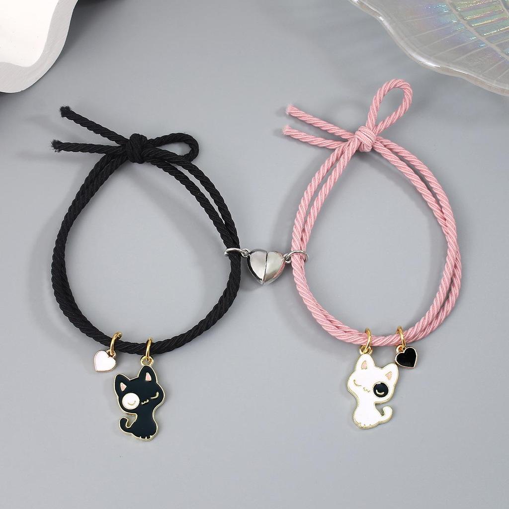 Magnet Iubire Pisică Albă și Neagră Desen Animat, Brățară de Cuplu și Elastic de Păr, Bijuterii Unisex cu Dublă Funcție