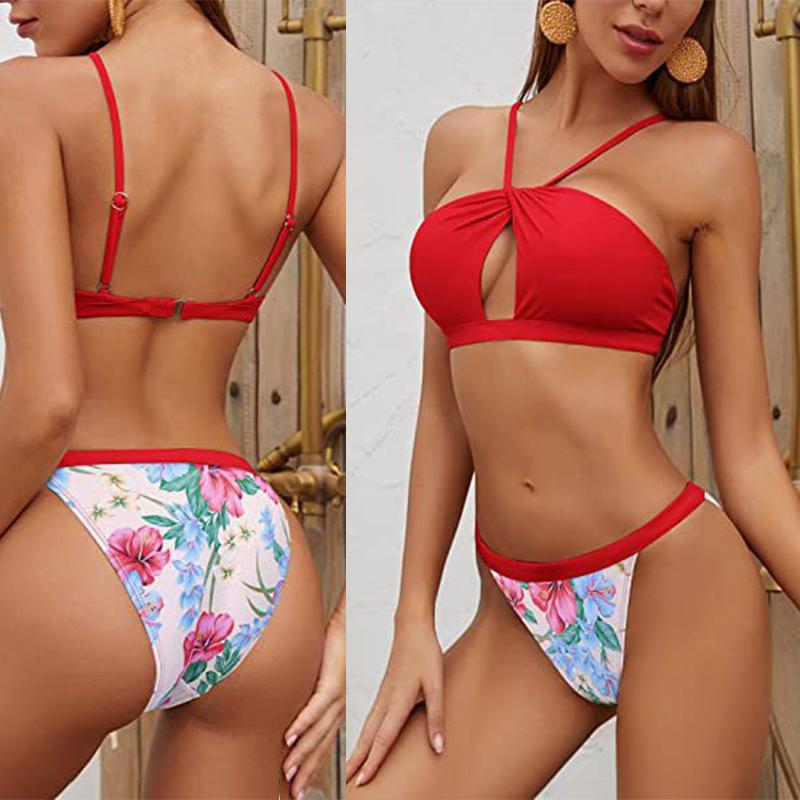 Women's Cutout Bandeau Bikini Set Print Low Waisted Bottom 2 Piece Neck Split  Swimsuit