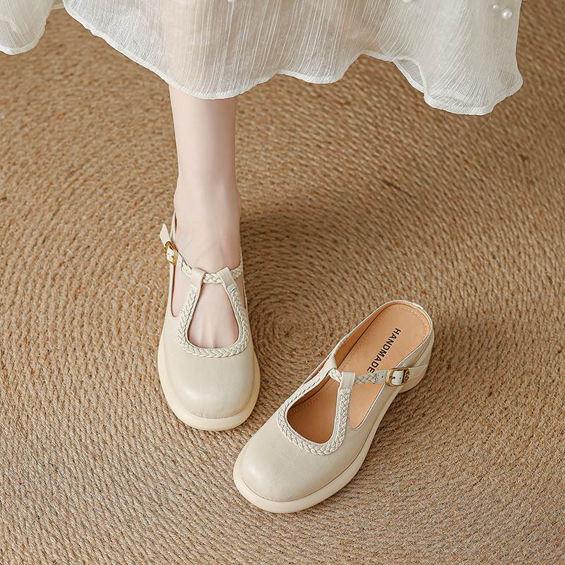 Krazing Pot Cow Skin Round Toe Size 42 Thick Round Med Heels Slip on Platform Mules Gladiator Autumn Pumps