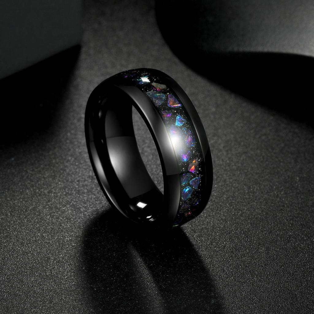 Fashion 8mm Men Stainless Steel Koa Wood Rings Inlay Galaxy Colorful Opal Rings For Men Wedding Engagement Band Jewelry Gift
