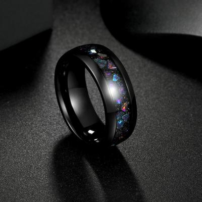 Anillos de Moda para Hombre de Acero Inoxidable de 8 mm con Incrustación de Madera Koa Anillos de Ópalo Coloridos Galaxia para Hombre Banda de Boda Compromiso Joyería Regalo