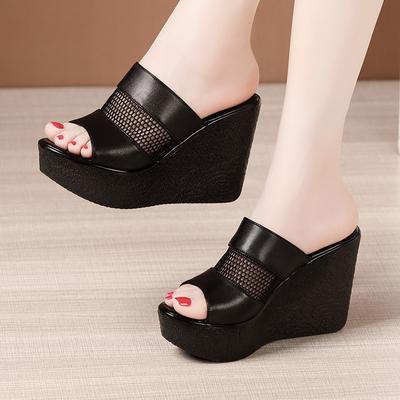 New Fish Mouth Cowhide Mesh Slippers Summer Women  Sandals Platform Wedges Slippers Increase Sandals Women Shoes Size 32-43