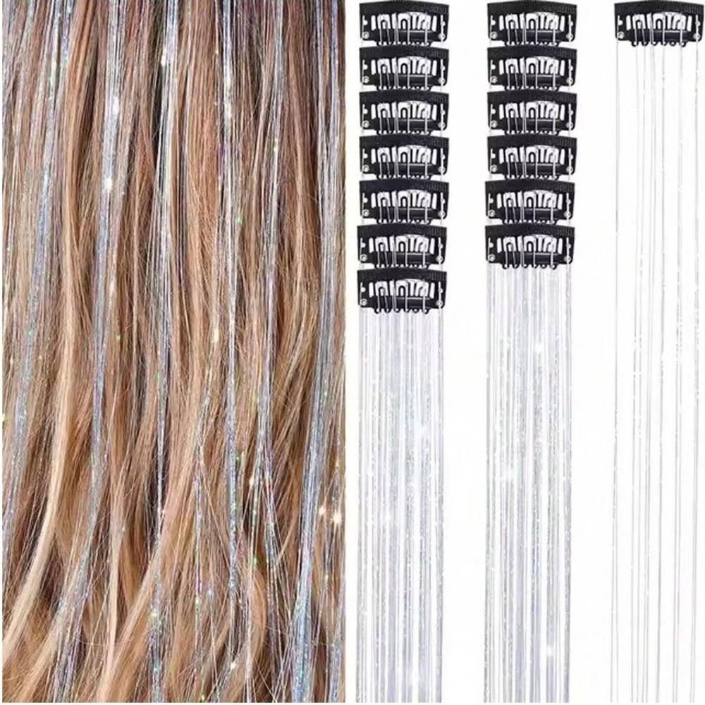 Highlights Clip Clip in Hair Extensions Fairy Hair Shiny Hair Highlights Synthetic Colored Hair Tinsel серебряный