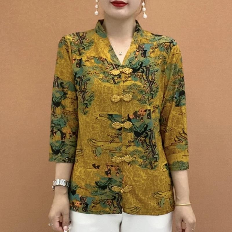 

Chinese Style Ice Silk Autumn Retro Three-quarter Sleeve Middle-aged Elderly Fashion Printed Middle-aged Tops 5XL жовтий