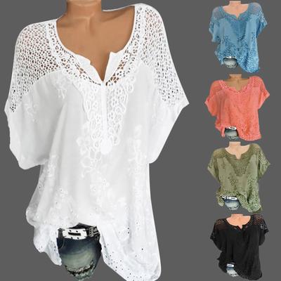 Ladies Loose Casual Lace V-Neck Embroidered Short-Sleeved  Shirt Top