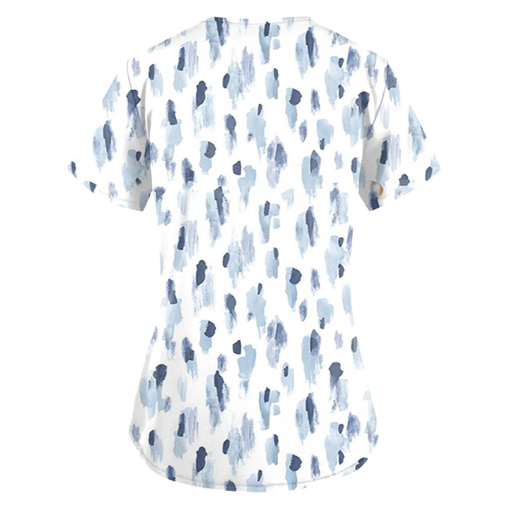 Women's Floral Printing Short Sleeve V-neck Tops Working Uniform Pocket Blouse