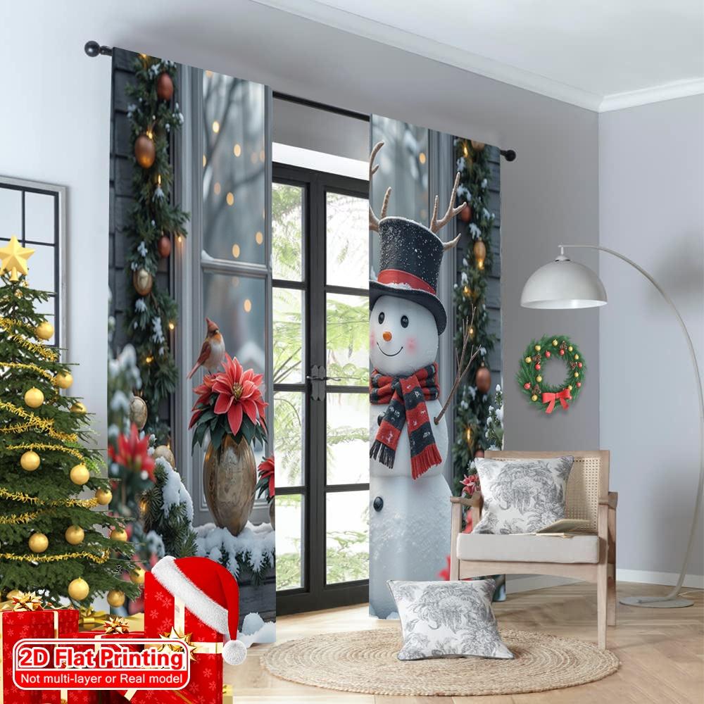2pcs 2D Flat Printing Christmas Party Curtain Happy Snowman Festive Polyester Without Electricity Family Party Use for Holiday