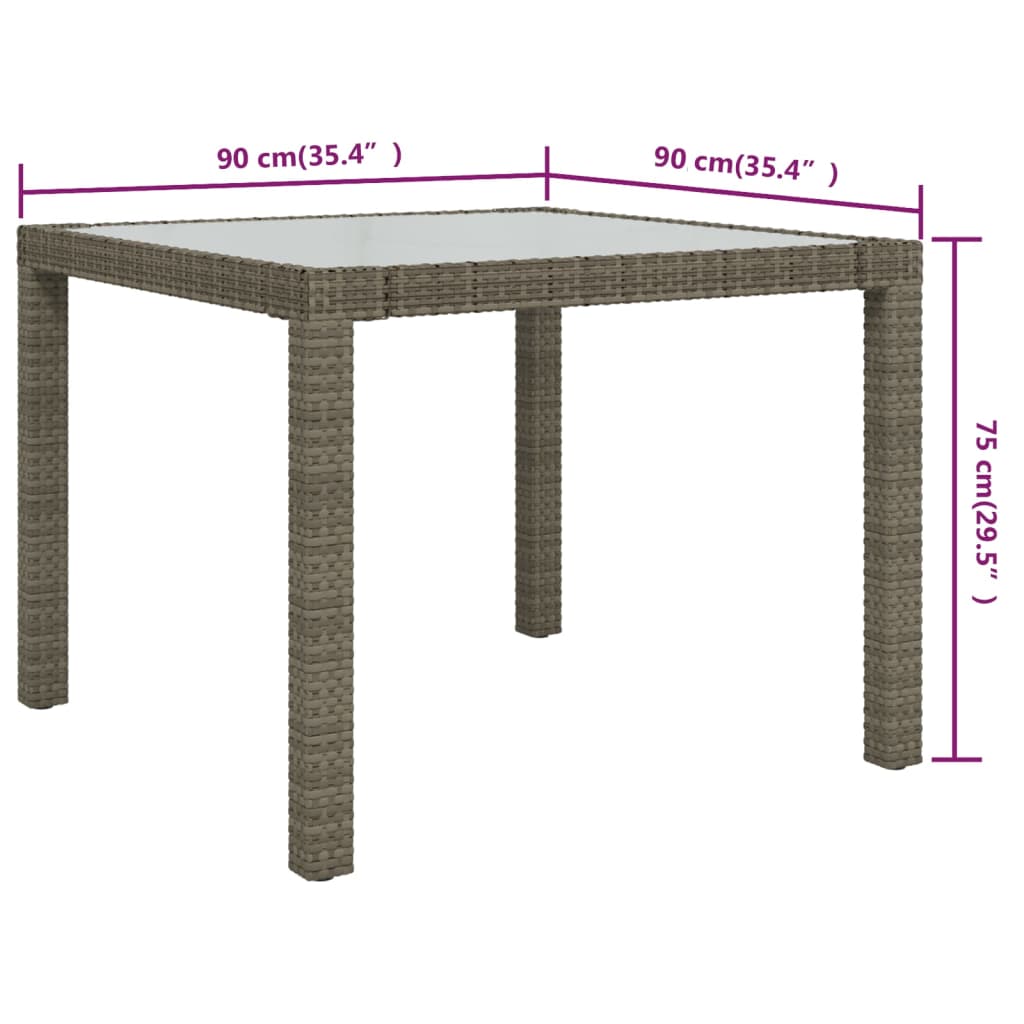 Garden Table 90x90x75 Cm Tempered Glass Poly Rattan Grey