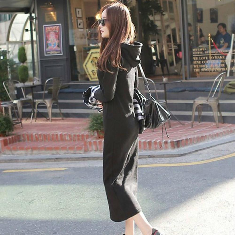 Women Autumn Winter Dress Fashion O-Neck Hoodie Long Sleeve Pure Color Loose Casual Ladies Dress