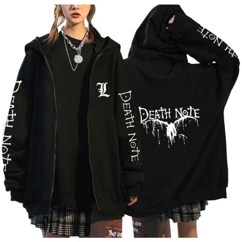 Japan Anime Death Note Lynlås Hættetrøjer Gotisk Herre Tegneserie Misa Amane L Ryuk-Grafik Streetwear Sort Fleece Lynlås Jakke Frakker