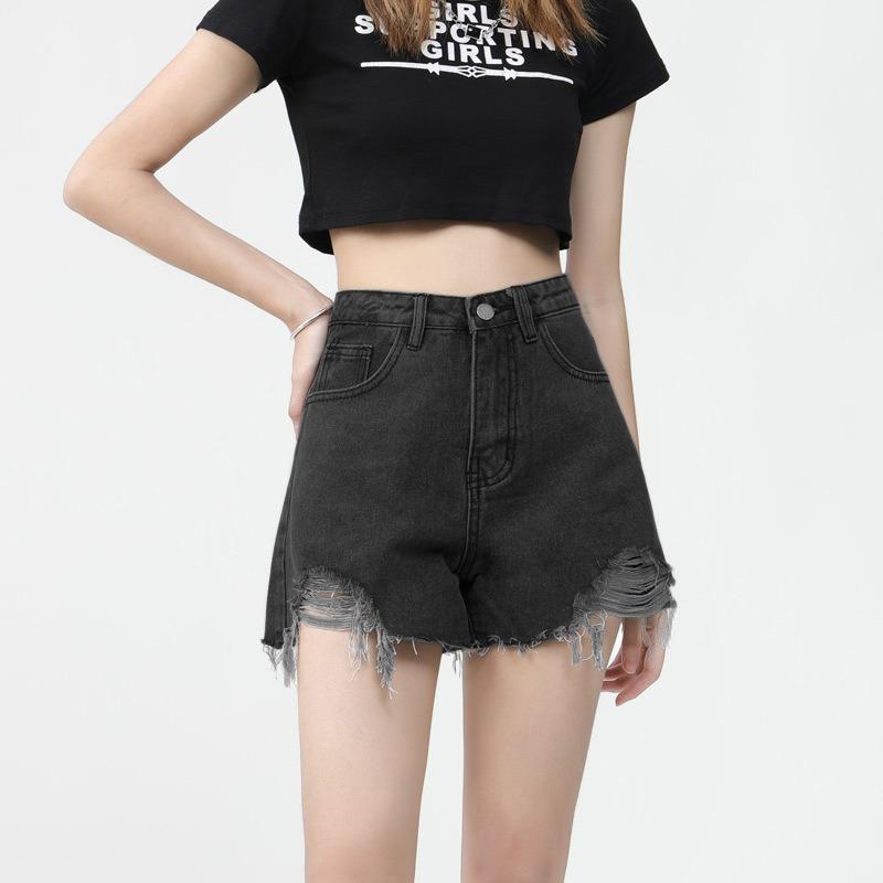 Pantaloncini di jeans casual strappati e versatili da donna alla moda a vita alta da celebrità di Internet con bordo grezzo gamba larga Hot Pants