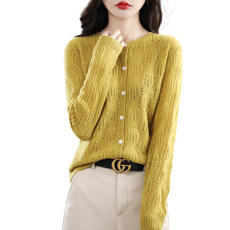 Women's Fashionable Autumn Wool Cardigan Coat - Round Neck, Knit, Hollow Design Cashmere Sweater