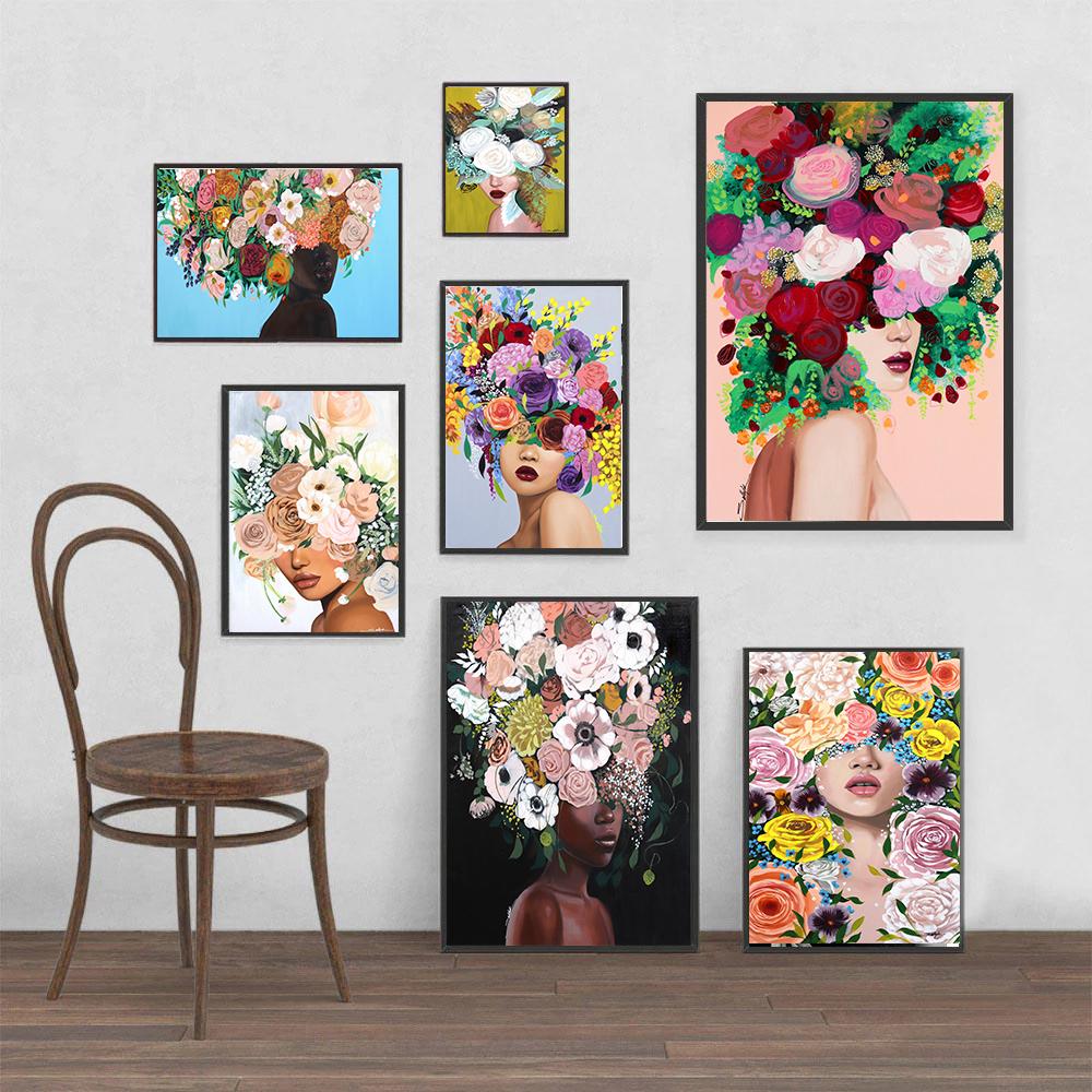 Mode Frauen Kopf Blume Wand Kunst Poster Abstrakte Kunstdrucke Sexy Mädchen Leinwand Malerei Moderne Bilder Wohnzimmer Wohnkultur
