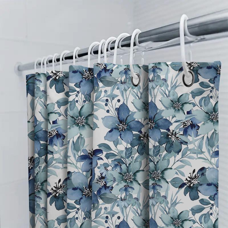 Handmade Shower Curtain With Navy Blue Flowers Pattern For Bathroom Decor Waterproof Fabric For Bathtub Area
