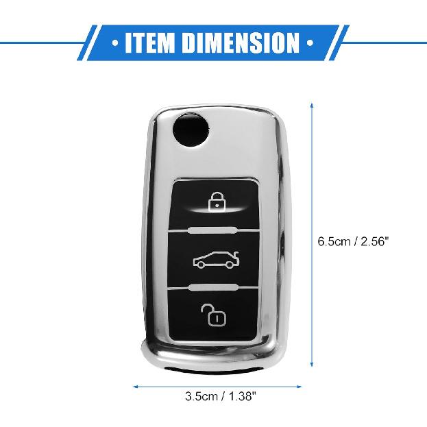 Car Remote Key Fob Cover Case Shell Protector 3 Button Compatible for VW Tiguan 2009-2017, Full Protection TPU Silver Tone
