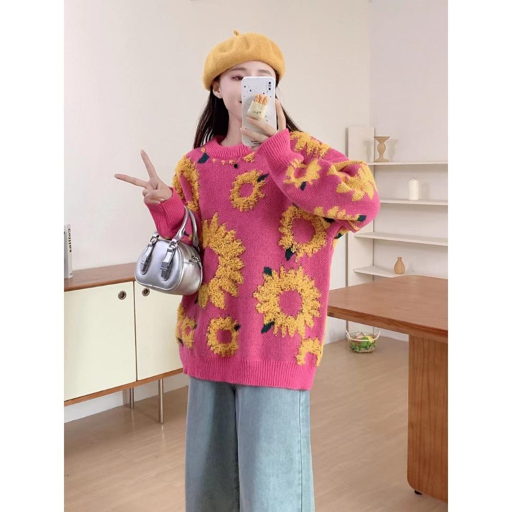 

Европейский и американский жаккардовый свитер с подсолнухом, женский осенне-зимний свободный свитер с круглым вырезом и длинными рукавами средней и длинной длины XL розы красного