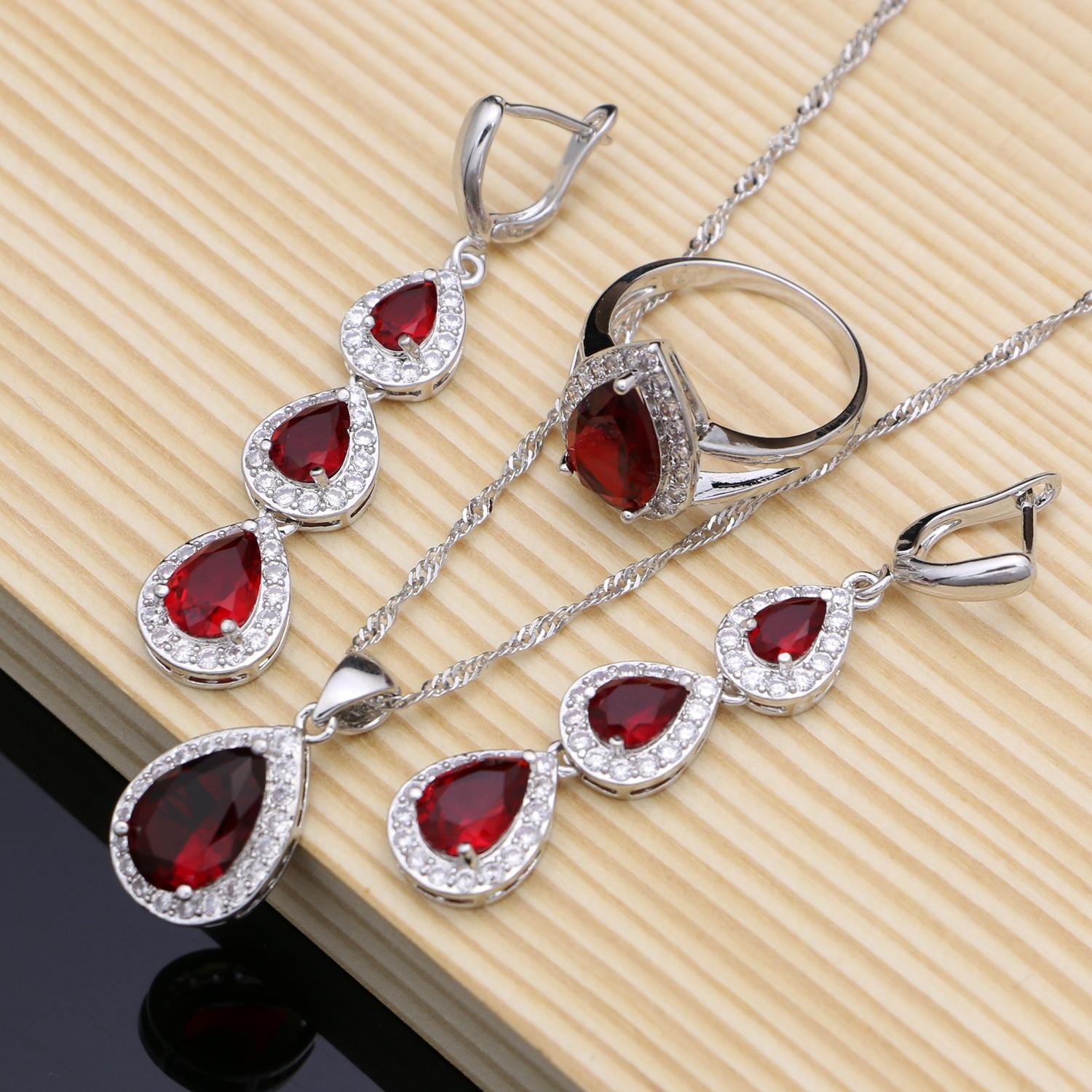 

Water Drop Silver 925 Jewelry Red Ruby White Topaz Jewelry Sets Women Long Earrings/Pendant/Necklace/Rings/Bracelet Dropshipping 6