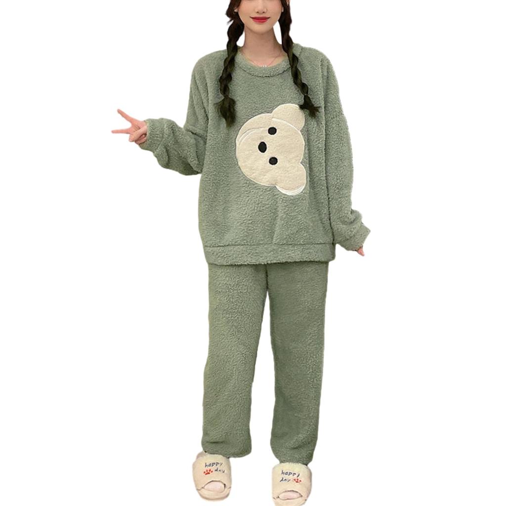 MilaCorinna Fluffy and Warm Flannel Pajamas Set with Cute Bear Solid Long and Lightweight Pajama Set for Fall and Winter Women's Design, Color,