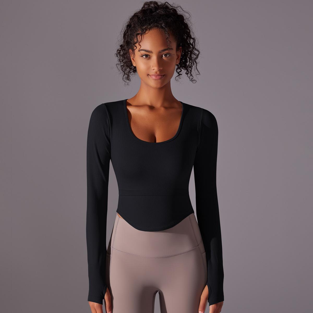 

New Seamless Knitted Solid Color Split Belly Pocket Thread Sports Yoga Long Sleeved Running Fitness Yoga Suit Top For Women L чорний