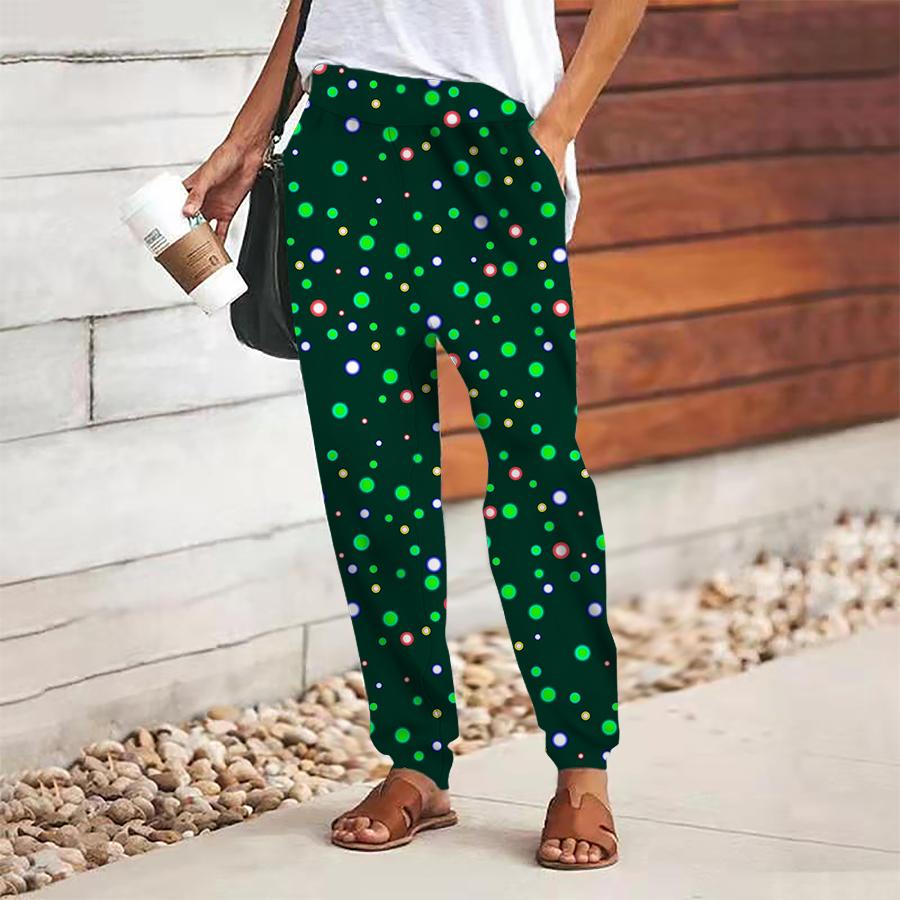 Women Polka Dot Printing Pants Lace Up Elastic Waist Loose  Trousers Casual Long Pants Trousers with Pockets