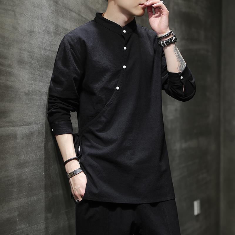 Men's Spring and Autumn Vintage Tang Shirt Linen Breathable Long Sleeve