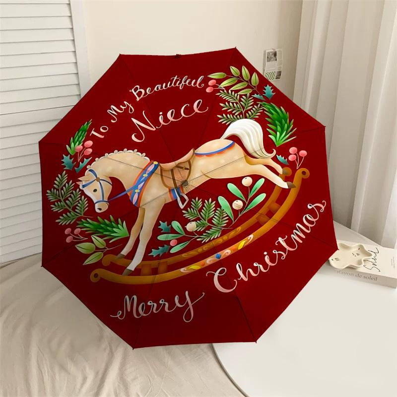 

1PC Rocking Horse Merry ChristmasAutomatic Open/Close Umbrella with Windproof, 8-Rib Sturdy Canopy, Durable Ribs, Fashionable Design, Outdoor Accessor