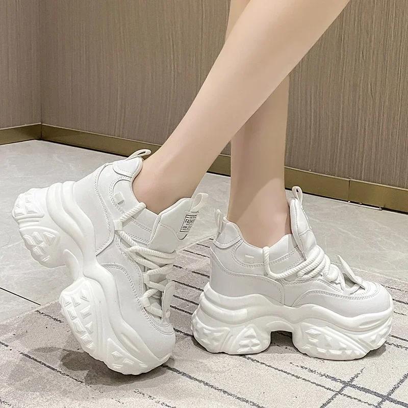 Fashion 10CM Heels Women High Platform Sneakers 2025 New Spring Chunky Dad Casual Sport Shoes Thick Sole Trainers Leather Sneakers Woman