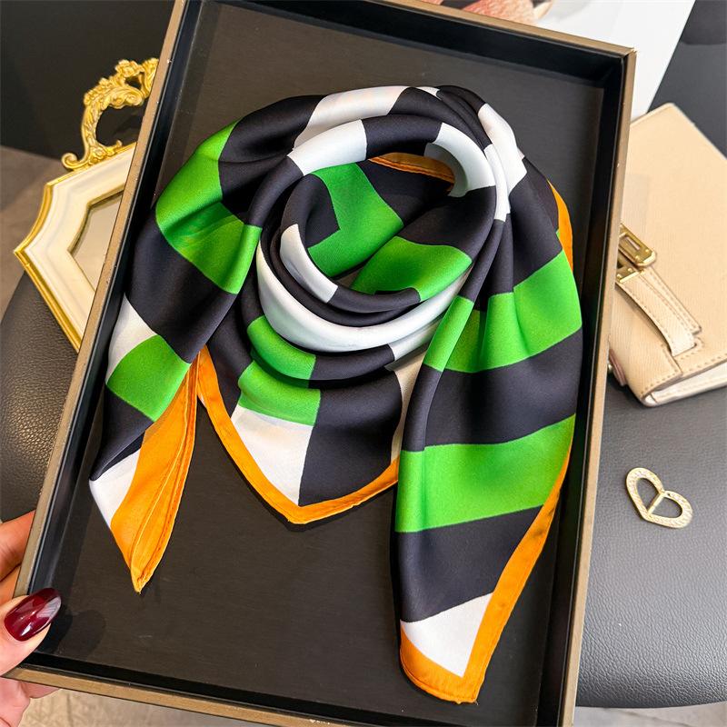Striped Printed Silk Like Square Scarf For Women Fashion
