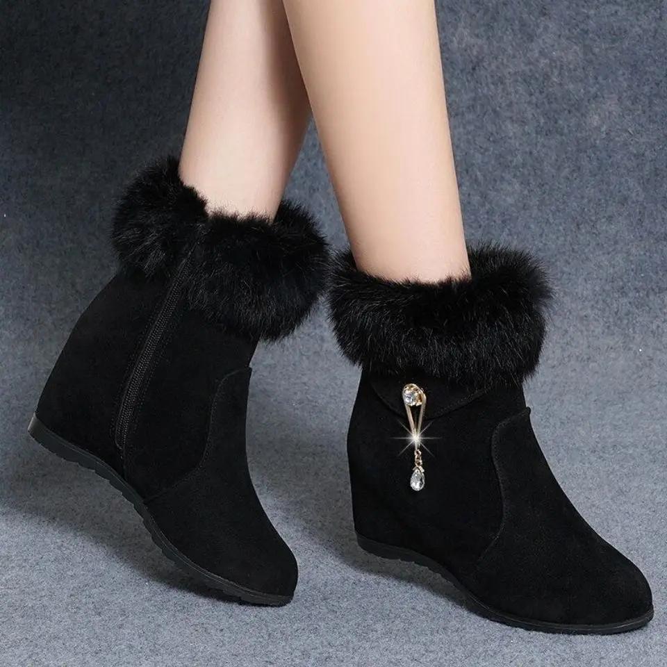 Winter Women's Wedge Ankle Boots Lncrease Height Women Pumps Metal Rhinestone Platform Shoes Plush Women Boots Comfortable Botas