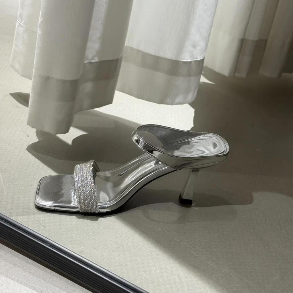 French rhinestone square toe cool slippers women's outer wear 2025 summer new versatile stiletto high heel one-word sandals
