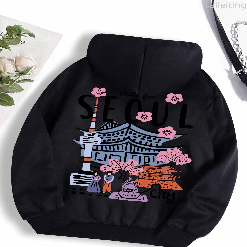 Seoul Smukke Landskaber Print Kvinder Varme Behagelige Hættetrøjer Enkle Street Pullover Vintertøj Kvinder Streetwear Kvinder