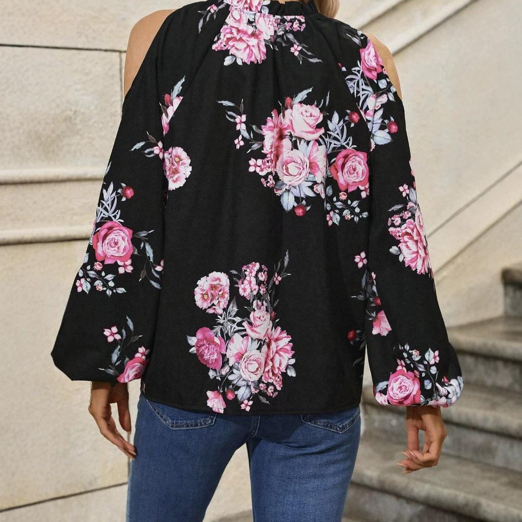 European and American new off-the-shoulder long-sleeved tops, holiday floral neck-digging shoulder lantern-sleeved shirts