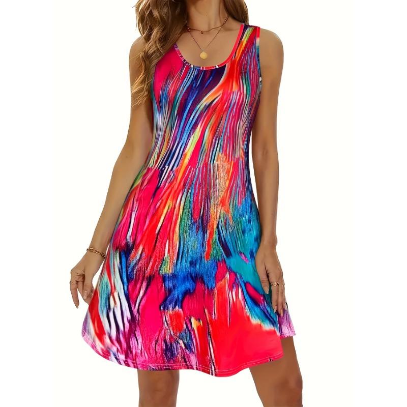 Женское Повседневное Летнее Платье с Ярким Абстрактным Принтом - Без Рукавов, Круглый Вырез, Асимметричный Подол 5XL