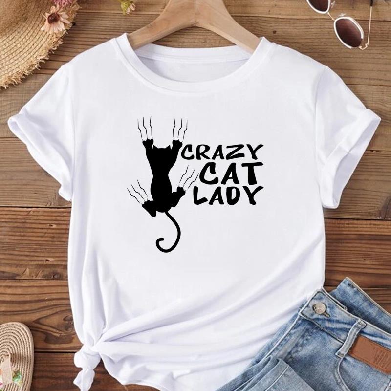 European Size T Shirt Women Cat Face Style Trend 90s Print Tee Top Fashion Female Clothing Short Sleeve Graphic T-shirts