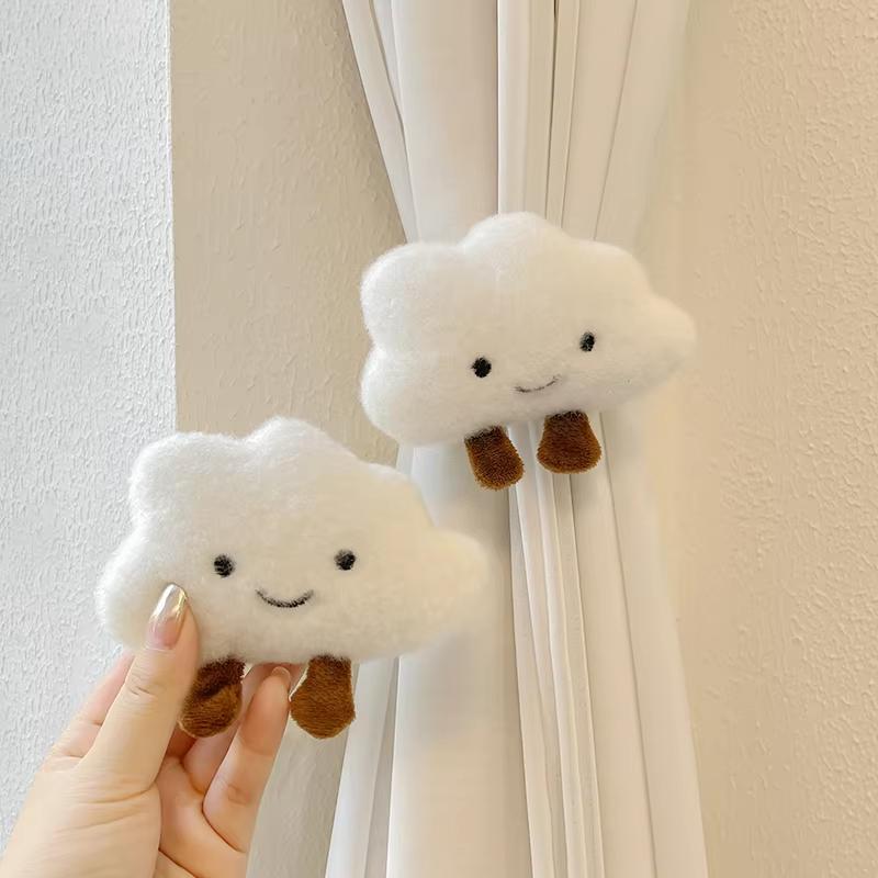 2 szt. Urocze pluszowe białe zasłony w chmurki z klamrą do zasłon do salonu i sypialni, Kawaii elastyczny sznurek z kołnierzykiem, Dekoracja domu