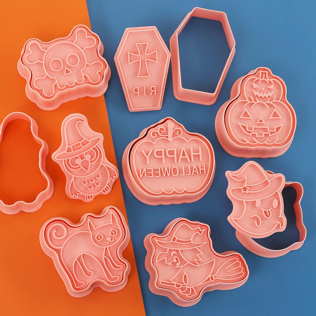 Halloween Cookie Cutters Set of 8 Pcs Witch Owl Spidder Bat Design Cookie Stamps Plastic Pumpkin Halloween Biscuit Molds 1