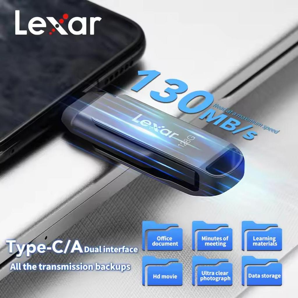 Lexar 128GB OTG Type-C USB Flash Drive 2-IN-1 USB 3.2 Type-C Dual Port U Drives Type-A 32GB 64GB 256GB U Disk Up To 130Mb/s Pen Drive for Phone and PC