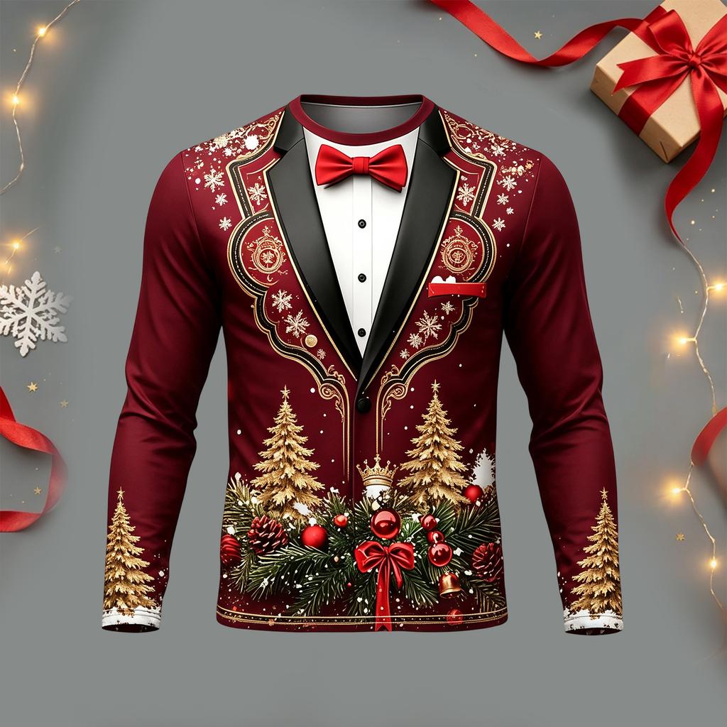 Men's Casual Christmas Suit Print Long Sleeve Neck T-Shirt for Holiday Party and Everyday Wear
