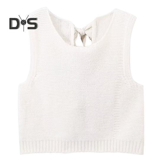 Women Knitted Vest Round Neck Sleeveless Crop Tank Bow Tie Decor Hollow Back Solid Color Short Sweater Vest