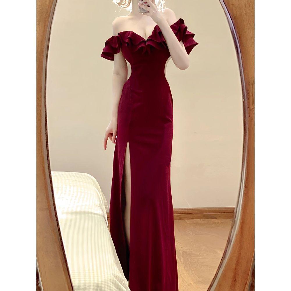 Elegant Strapless Off-the-Shoulder High Slit Evening Dress, Ankle Length with Unique Design for Women