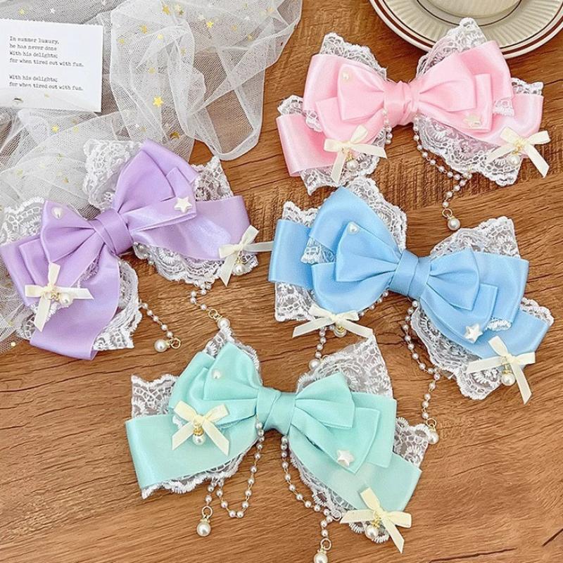 Cute Gilrs Lolita Pink Bow Headpiece Large Lace Bow Pearl Pink Kc Cute Princess Headwear Lolita Hair Clip Hair Accessories