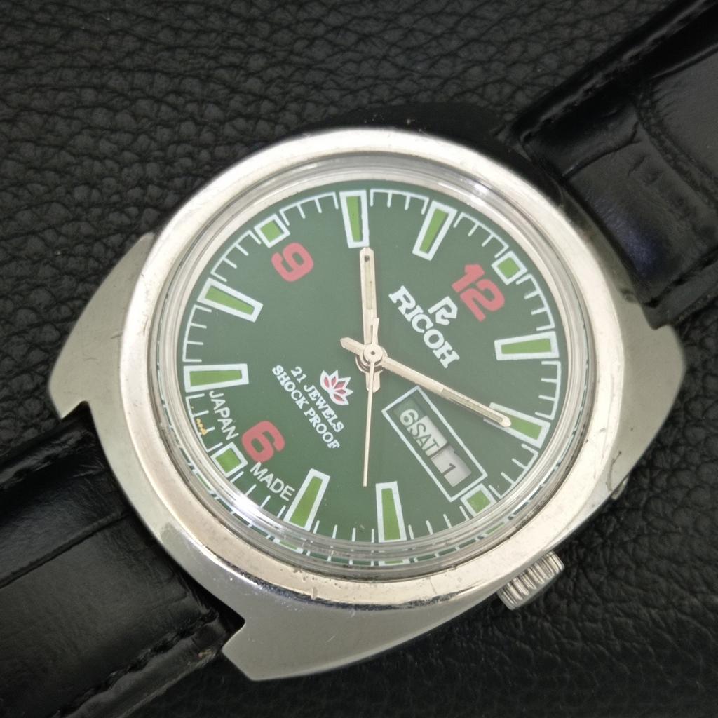 RICOH R31 AUTOMATIC VINTAGE JAPAN MENS GREEN COLOR DIAL WATCH a707739-1