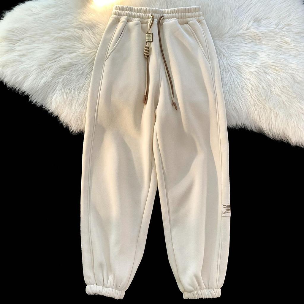 Velvet Thickened Sweatpants for Girls Autumn and Winter Pants Loose Straight Wide-leg Pants Casual Sports Tying Pants