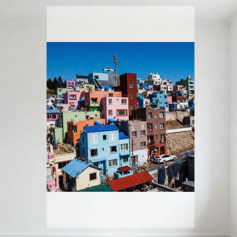 

Vibrant Hilly Neighborhood Colorful Buildings Metal Tin Sign Pastel Pink Blue Green Orange Rooftops Semi-Urban Scene Wall Decor 20x30cm（7.8x11.8inch）