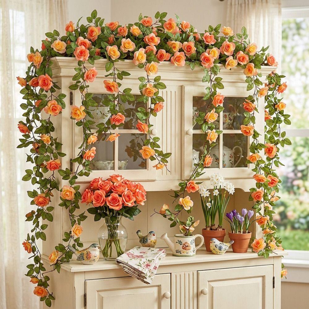 Multicolor Rose Artificial Flower Vine Green Leaves Silk Prtals Simulation Flower Vine Accessories Length 240cm