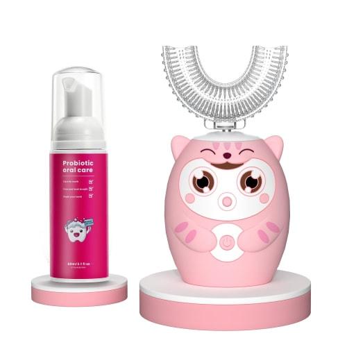 

PVOGRT Kids Electric U-Shaped Toothbrush, Kids Sonic Full Mouth Toothbrush with 4 Soft Brush Heads, Automatic Rechargeable, 6 Cleaning Modes, IPX7 W